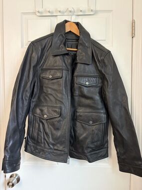 Andrew Marc Black 100% Leather Jacket with Utility Pockets